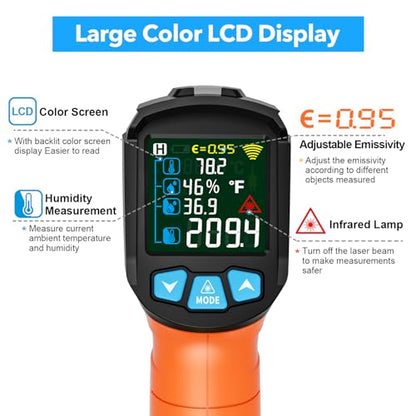 Infrared Thermometer Gun, TEMIRUP Digital Laser Temperature Gun, -58°F to 1472°F, Non Contact IR Temp Gun with Color LCD for Industrial, Cooking, Griddle, Engine, HVAC,Adjustable Emissivity & Humidity - color: Orange -58°F~1472°F (-50°C~800°C)