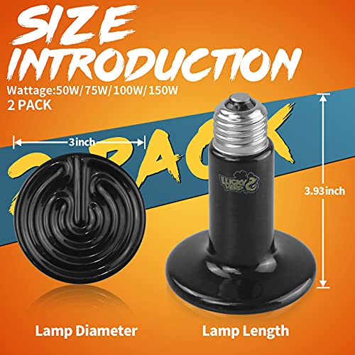 LUCKY HERP 50W Ceramic Heat Emitter, Reptile Heat Bulbs, Ceramic Heat Lamp for Reptiles, Amphibian, Chicken, Dog, Cat (2-Pack) - size: 50