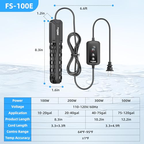 FREESEA Aquarium Heater for Fish Tank: 100W/200W/300W/500W Submersible Fish Tank Heaters with Over-Temperature and Off-Water Protection for 10-20 Gallon Saltwater and Freshwater - size: 100W(10-20gallon)