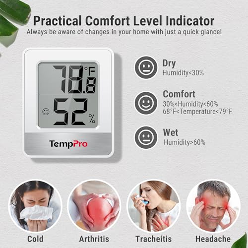 TempPro TP49 2 Pieces Digital Hygrometer Indoor Thermometer Humidity Meter Mini Hygrometer Thermometer with Temperature and Humidity Monitor Room Thermometer (Previously ThermoPro) - color: White Indoor Thermometer