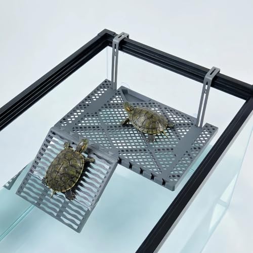 Large SolidForm Hanging Turtle Basking Platform with Built-in Food Tray, Zero Zip-Tied, Non-Slip Ramp Terrace, Resting Turtles Dock, for 50–120 Gallon Aquariums Turtle Turtle Tank Accessories - size: Large（12.6×8.7inches）