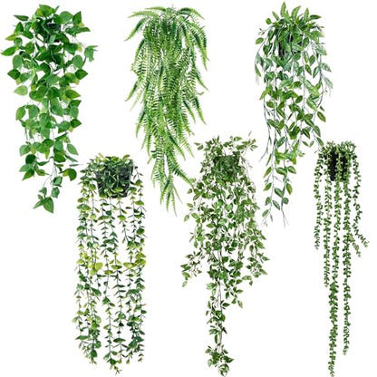Sggvecsy Fake Hanging Plants 6 Pack Artificial Hanging Eucalyptus Plants Potted Greenery Faux Mandala Vine String of Pearls Boston Fern Ivy Vine Leaves Pea Pod for Home Indoor Outdoor Shelf Wall Decor