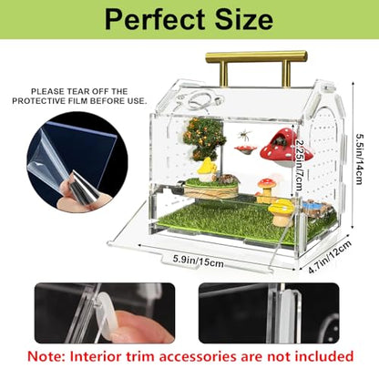 Jumping Spider Enclosure, 5.9" X 4.7" X 5.5" Acrylic Spider Habitat, Front Opening Reptile Terrarium with Matrix Ventilation Holes & Feeding Holes, for Hermit Crab Tarantula Mantises Beetles