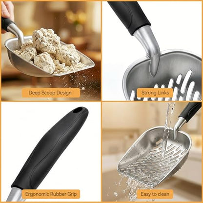 Cat Litter Scoop, Large Long Handle Kitty Metal Scooper, Heavy Duty Aluminum Deep Sifter, Ergonomic Non-Slip Grip, Rustproof Durable Poop Cleaner for Cat Litter Box - color: Black, size: Large