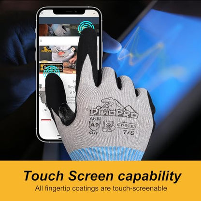 DINOPRO ANSI A9 Highest Level Cut Resistant Work Gloves for Extreme Protection,Cut Gloves with Reinforced Thumb, Non Slip,Breathable, Durable, Touch-screen,PFAS&Fiberglass Free, Grey 1 Pair (Large)
