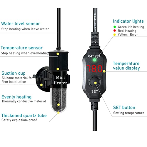 Mini Submersible Aquarium Heater, 25/50/100/150/200/300 Watts Adjustable Fish Tank Heater, Built-in Thermometer, External Temperature Controller, Smart Memory, Used for 1-60 Gallons (20W Plug) - size: 20W PLUG