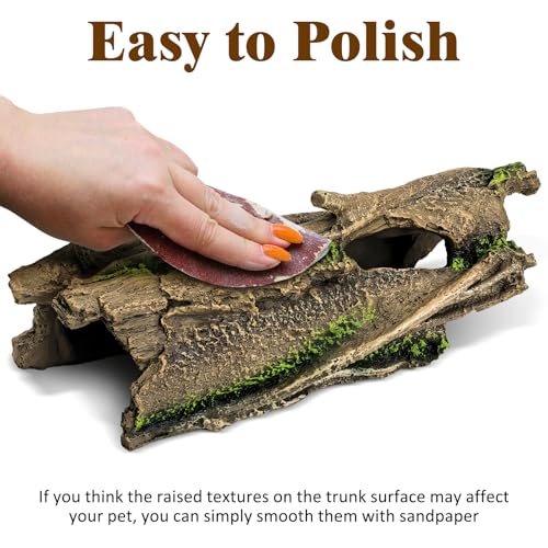 Fhiny Reptile Hides and Caves Resin Hollow Tree Trunk for Terrarium Lizard Hideout Aquarium Fish Hideaway Gecko Tank Accessories for Lizards Chameleons Bearded Dragons Hermit Crabs Frogs (Large)