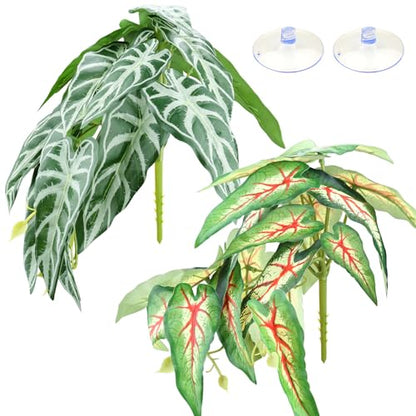 QUOZUO 2 Pack Reptile Plants for Terrarium, Artificial Leaves Habitat Decorations with Suction Cups, Terrarium Hanging Plants Vines for Bearded Dragons Lizards Snake Geckos Frogs - red and White