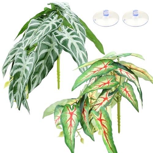QUOZUO 2 Pack Reptile Plants for Terrarium, Artificial Leaves Habitat Decorations with Suction Cups, Terrarium Hanging Plants Vines for Bearded Dragons Lizards Snake Geckos Frogs - red and White