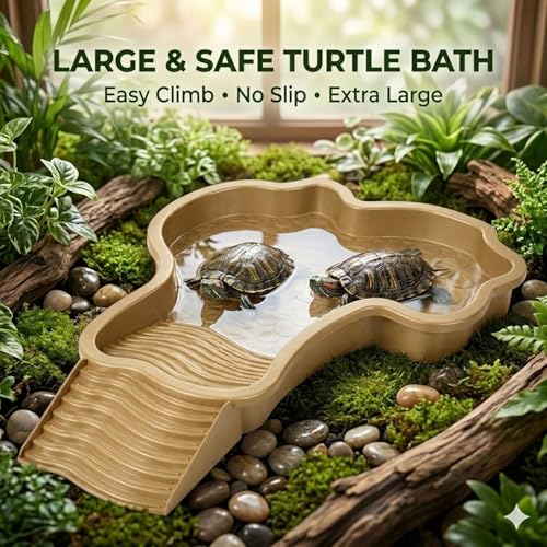 Large Turtle Water Bowl, Reptile Bathing Pool Tortoise Water Dish Bearded | Dragon Water Fountain Non-Slip Reptile Food Dish for Tortoise Gecko Lizard Snake Terrarium Habitat (Brown)