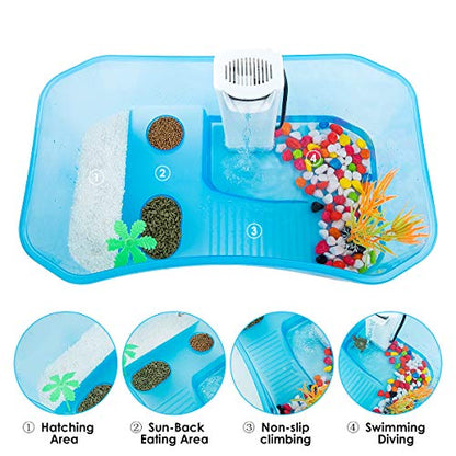 Turtle Tank with Multi-Function Areas, Easy Assembly, Ideal for Small Turtles & Reptiles, Includes Plastic Tree & Fishing Net - color: Blue