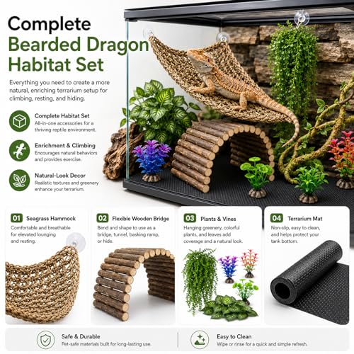 HERCOCCI Bearded Dragon Tank Accessories, Reptile Mat Bridge Hammock Flexible - Jungle Climbing Vines and Leaves with Suction Cups Habitat Décor for Hiding& Climbing Snake Gecko Lizard Chameleon