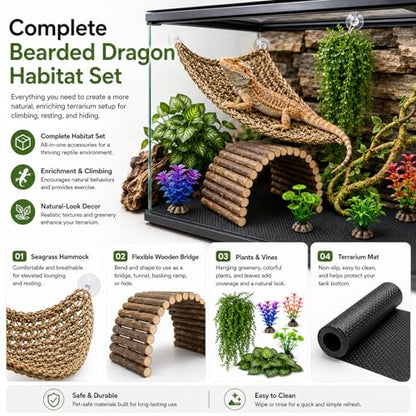 HERCOCCI Bearded Dragon Tank Accessories, Reptile Mat Bridge Hammock Flexible - Jungle Climbing Vines and Leaves with Suction Cups Habitat Décor for Hiding& Climbing Snake Gecko Lizard Chameleon