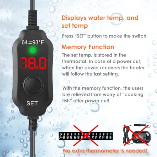 25W Compact Aquarium Heater for 3-5 Gallon Tanks | Super Short Submersible Fish Tank Heater with LED Digital Thermostat, Dry-Run & Overheat Protection, Memory Function - size: For Tanks 3-5 Gal