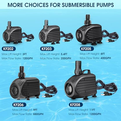 NFESOLAR Submersible Water Pump 880GPH, 60W Ultra Quiet Fountain Pump with Dry Burning Protection 9ft High Lift for Fish Pond, Fountains, Waterfall, Hydroponics, Aquariums KF206 - size: 880GPH