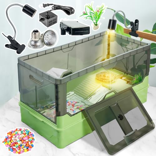 25.6x12.8x14.6 Turtle Tank Kit with Heat Lamp Filter and Wheels Aquatic Turtle Habitat and Aquarium for Small Turtles Hermit Crabs and Frogs Featuring Escape Proof Design and Easy Move Mobility - color: Green, size: 25.6x12.8x14.6 Inch