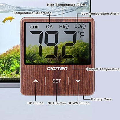 DIGITEN Aquarium Thermometer Digital Fish Tank Thermometer with Large LCD Display Stick On Water Terrarium Temperature Sensor Gauge for Reptiles Turtle Amphibians - color: Walnut