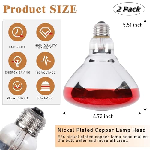 250W Red Heat Lamp Bulbs for Chicken,Infrared Flood Light Heat Lamp Bulb, Incandescent Light Heat Lamps for Chicks, Reptile, Pets, Par38 Glass E26 Base 2PCS - size: 250W 2PCS