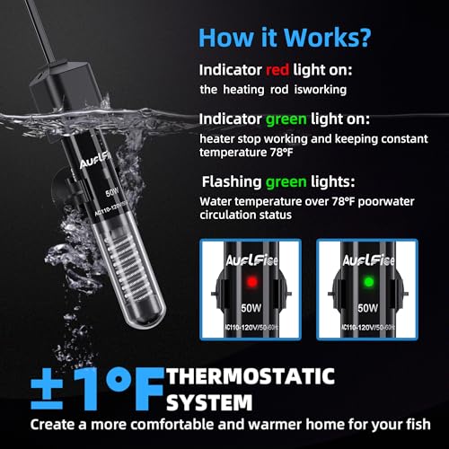 50W Aquarium Heater, Small Submersible Fish Tank Heater with Mini Aquarium Thermometer, for Betta Turtle Saltwater Freshwater 5-10 Gallon Tanks