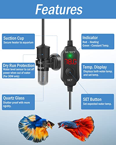 AquaMiracle Mini Aquarium Heater 20W Small Fish Tank Heater for 2-4 Gal Tanks, Digital Display Thermostat Betta Heater with Dry-Run & Overheat Protection, Memory Function - size: ≤ 4 Gal Tanks
