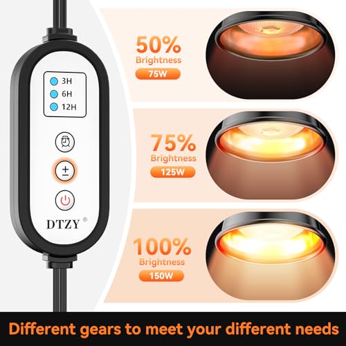Reptile Heat Lamp,7inch Deep Dome Reptile Light Fixture with 3/6/12 Timer,Infrared Reptile Heat Lamp Max 150W Blub, for Turtle Bearded Dragon Lizards Snake, 1PCS 150W Bulb Included