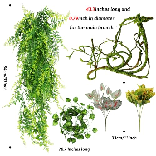 QUOZUO Reptile Plants, Terrarium Hanging Plant Vines Artificial Leaves Reptile Hide, Leopard Gecko Tank Accessories, Terrarium Decorations for Bearded Dragon Lizard Snake Chameleon
