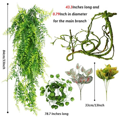 QUOZUO Reptile Plants, Terrarium Hanging Plant Vines Artificial Leaves Reptile Hide, Leopard Gecko Tank Accessories, Terrarium Decorations for Bearded Dragon Lizard Snake Chameleon