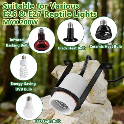 2 Pcs Reptile Ceramic Heat Lamp Holder,Reptile Light Fixture with Thermometer,Pet Terrarium Heat Lamp Bulb Socket Bracket for for Bearded Dragon Lizard Snake Tortoise - size: 3.5*2.4*4.5IN | 2PCS