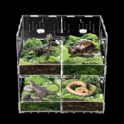 Reptile Terrariums, 4 Grids Acrylic Reptile Tank, Habitat Terrarium Enclosure for Small Ground Dwelling Reptiles, Amphibians, Spiders & Other Invertebrates