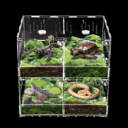Reptile Terrariums, 4 Grids Acrylic Reptile Tank, Habitat Terrarium Enclosure for Small Ground Dwelling Reptiles, Amphibians, Spiders & Other Invertebrates