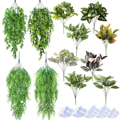 Suncalla 12 Pcs Reptile Plants Terrarium Hanging Plant Vines Artificial Leaves with Suction Cups Climbing Foliage for Bearded Dragon Lizard Gecko Snake Tank Accessories Decor (Lush Series) - style: Lush Series