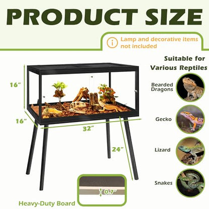 PROLEE Bearded Dragon Tank with Leg Stand 34 Gallons, Wooden Lizard Tank,Reptile Tank with Metal Mesh Roof Door, Acrylic Panel Snake Tank with Lock Design (Black, 32"x16"x16") - color: Black, size: 32"x16"x16"