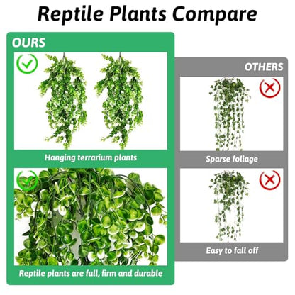 Hamiledyi Hanging Fake Plants for Reptiles, 2 Pack Fake Reptile Plants for Reptiles Tank with Suction Cup, Reptile Plants Jungle Hanging Vines for Bearded Dragon Tank (Green and White) - size: 2 PCS