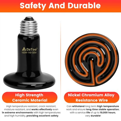 DaToo Ceramic Reptile Heat Lamp 150W Ceramic Heat Emitter E26 No Light Night Heat Bulb for Reptile Terrarium Tank Lizards Snakes Hedgehogs Turtles Cats Dogs Chicken（2 Pack） - size: 2 Pack