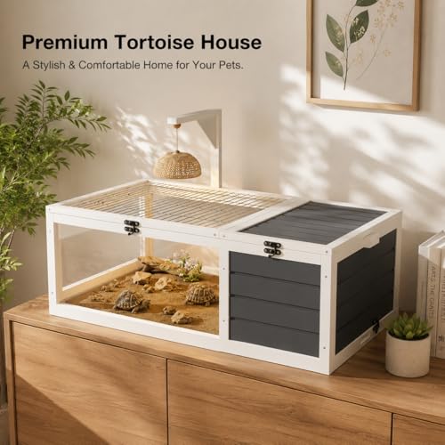 39" Wooden Reptile Habitat Tortoise House with Lamp Holder, Clear View Window & 2 Waterproof Trays, Detachable Legs Indoor Outdoor Enclosure for Turtles Lizards Geckos Small Pets (No Legs) - size: No Legs