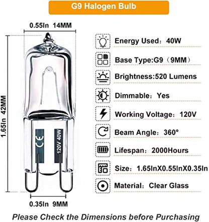 G9 Bulb, 10PCS G9 Halogen Bulb 40 Watt 120V, G 9 Dimmable Long Lasting Lifespan with High Brightness 520LM, CRI100 & 2800K Warm White, T4 JD Type Halogen Light Bulbs G 9 Base Bi Pin for Cabinet Lights - style: 40W- 10 Pack