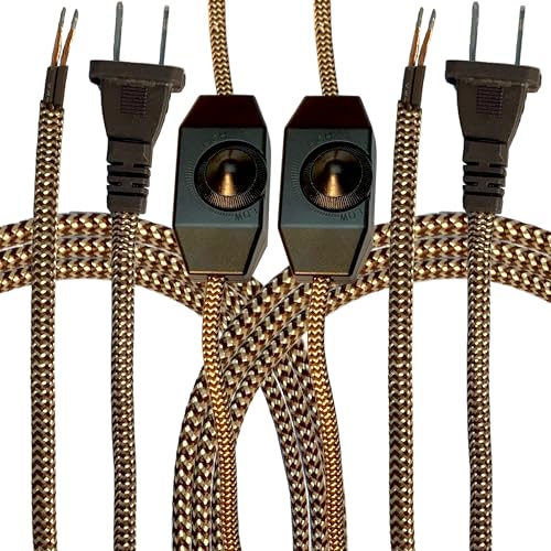 Royal Designs, Inc. Lamp Cord Molded Plug with Dimmer Switch, Stripped Ends Ready for Wiring, 8 ft long, Brown/Gold, SPT-1 UL Listed, Set of 2 (CO-5001D-BR/GL-8-2) - color: Brown/Gold - Set of 2