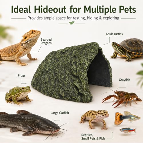 Oversize Resin Rock Reptiles Large Hideout Cave – Ideal for Turtles, Lizards, Bearded Dragons, Leopard Geckos, Snakes, Amphibians,Small Pets and Fish – Perfect for Aquarium and Terrarium Habitat Decor