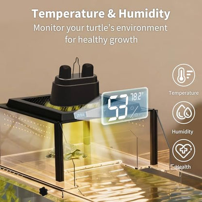 Upgraded Turtle Basking Platform for Aquatic Turtles with Temp & Humidity Gauge, Clear Acrylic Turtle Dock, Flip-Open Lid, Non-Slip Ramp & Escape-Proof, Fits 17–19" Aquariums - size: Fit 17-19 Inchs Wide