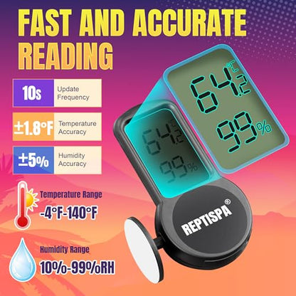 Reptile Thermometer Hygrometer, 2 Pack | Digital LCD Display, Temperature Gauge, Humidity Meter, For Reptile Terrarium & Bearded Dragon Tank