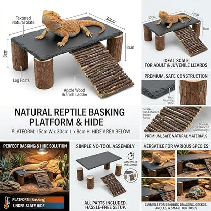 Bearded Dragon Basking Platform Natural Slate Rock with Wood Log Legs & Branch Ramp, Reptile Hide Basking Spot Tank Decor, Suitable for Leopard Gecko, Tortoise, Ball Python Small Black