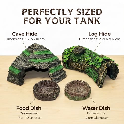 Reptile Starter Kit with Hideouts & Tank Decor - 4-Piece Set for Snakes, Leopard Geckos & Lizards, Reptile & Amphibian Habitat Hideouts with Cave, Log & Food and Water Dishes