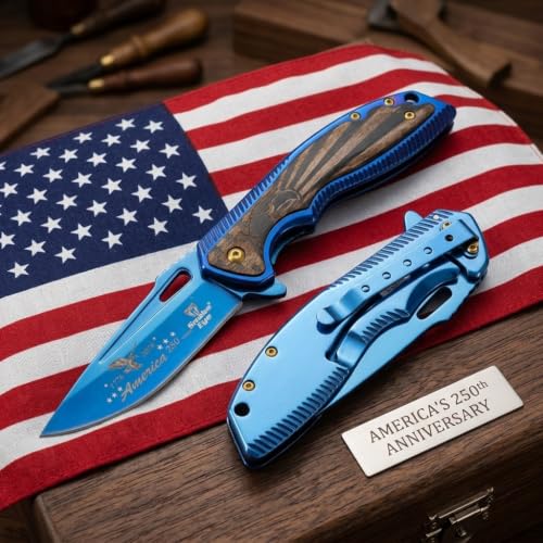 Snake Eye Tactical 8.25" Heavy Duty Folding Pocket Knife – Metallic Blue 3CR13 Steel Blade, Blue Metal & Laser Etched Eagle Wood Handle with Pocket Clip, 250th Anniversary Edition - color: Blue Eagle