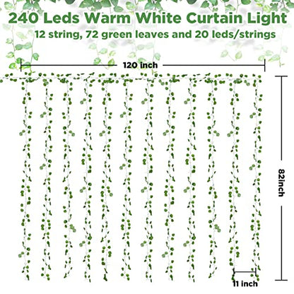 12 Pack Fake Vines Curtain String Light 240 LED 8 Mode & Timer Hanging Ivy Lights Vines for Bedroom Wall Hanging Garden Home Room Wedding Jungle Party Indoor Outdoor - color: 12pcs With Lights