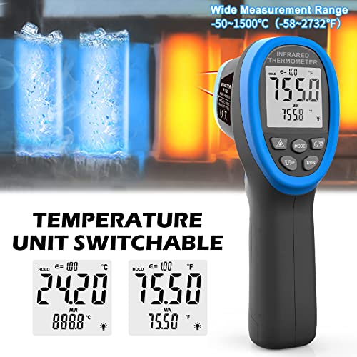 BTMETER BT-1500 Non-Contact Pyrometer 30:1 Industrial Laser Thermometer Gun, -58℉ to 2732℉ (-50℃ ~ 1500℃) High Temp Infrared Thermometer (NOT for Human) - color: Infrared Thermometer BT-1500 Blue