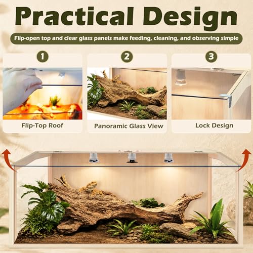 PROLEE Bearded Dragon Tank, Lizard Tank with Clear Tempered Glass, Anti-Scratch Reptile Enclosure, Reptile Tank Built-in Light Fixtures with Switch (48X20X20inch,80 Gallons) - color: Transparent Roof, size: 48X20X20inch,80 Gallons