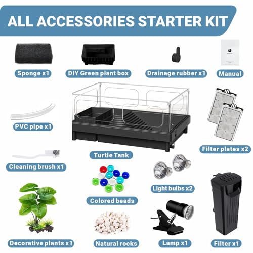 GOZILLA Small Turtle Tank Kit(Tank+Lamp+Filter), Acrylic Turtle Starter Kit with Adjustable Lamp, Reptile Habitat and Terrarium with Multi-Functional Areas for Small Reptiles. (Black Kit)