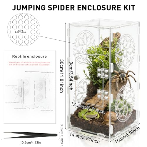 Jumping Spider Enclosure, 11.8"x5.5"x5.9" Acrylic Terrarium Praying Mantis Enclosure with Front Door, Jumping Spider Habitat for Tarantula, Snail, Lizard, Crabs and Small Reptiles