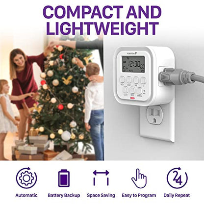 Fosmon 7 Day Digital Timers for Electrical Outlets, Indoor Plug-in Light Timers Switch Programmable, Electric Wall Plug for Lamp, Grow Reptile Lights, Aquarium, 15A/1875W, Grounded- 2 Pack - style: 7 Day Timer with Random Function - 2 Pack