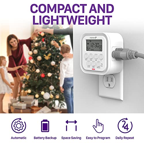 Fosmon 7 Day Digital Timers for Electrical Outlets, Indoor Plug-in Light Timers Switch Programmable, Electric Wall Plug for Lamp, Grow Reptile Lights, Aquarium, 15A/1875W, Grounded- 2 Pack - style: 7 Day Timer with Random Function - 2 Pack